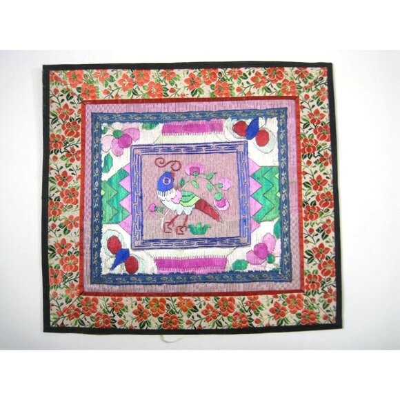 Vintage Asian Chinese Embroidered Silk Art Floral Panel Handmade Textile - Picture 1 of 6